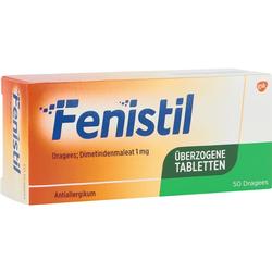 Orange-weiße Medikamentenschachtel mit der Aufschrift "Fenistil Dragees".