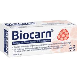 Eine Medikamentenverpackung von Biocarn Sirup mit dem Wirkstoff Levocarnitin.