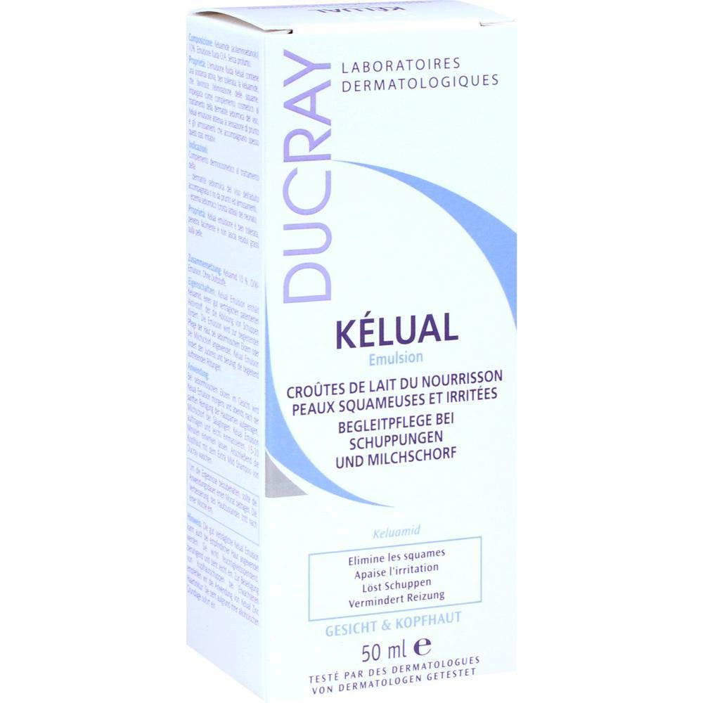 Eine weiße Verpackung mit blauer Schrift der Marke "Ducray Kélual".