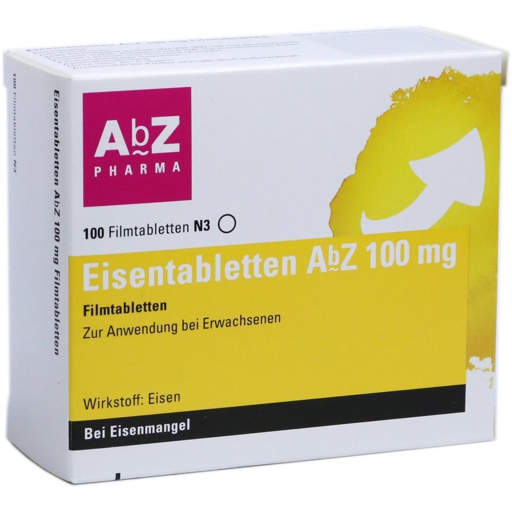 Weiße Schachtel mit gelbem Bereich, darauf steht "Eisentabletten AbZ 100 mg".