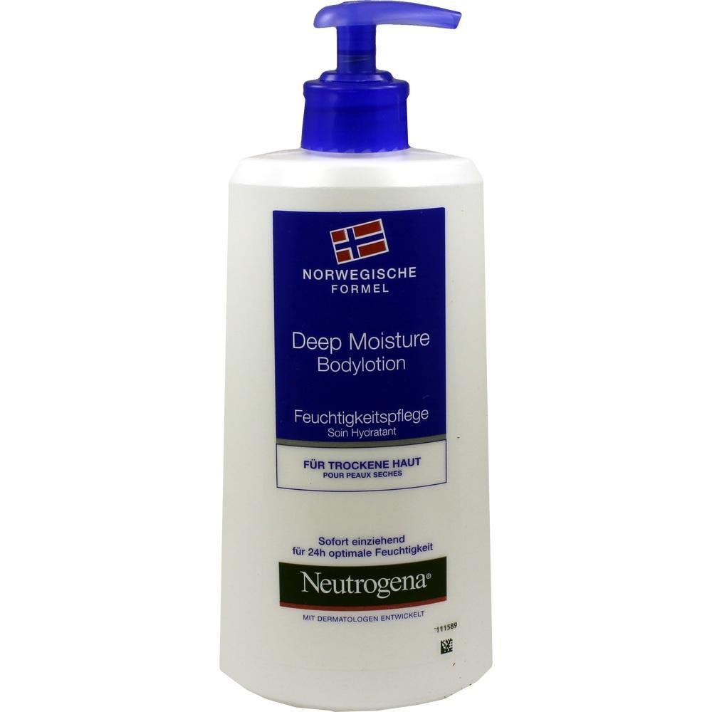 Eine Flasche Neutrogena Bodylotion mit lilafarbenem Pumpspender.