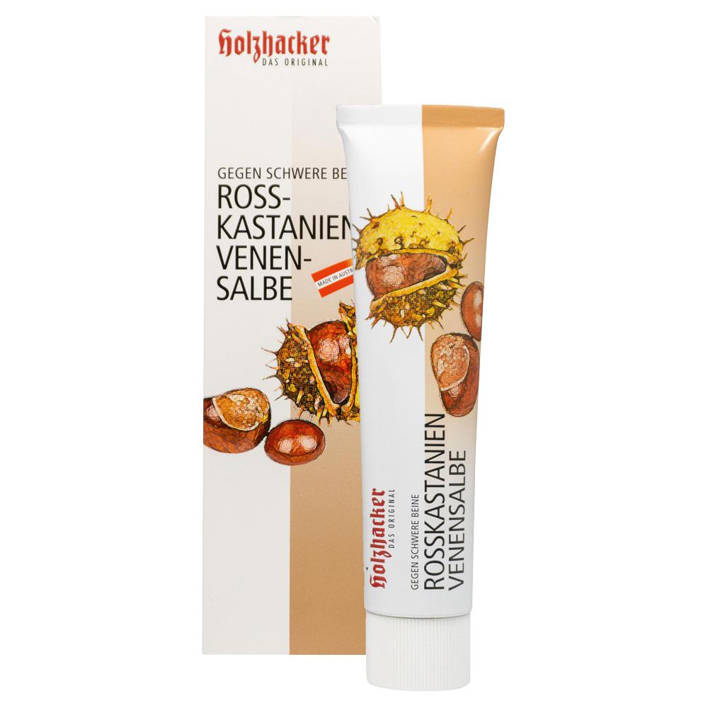 Eine Tube Rosskastanien-Venensalbe steht vor einer passenden Verpackung.