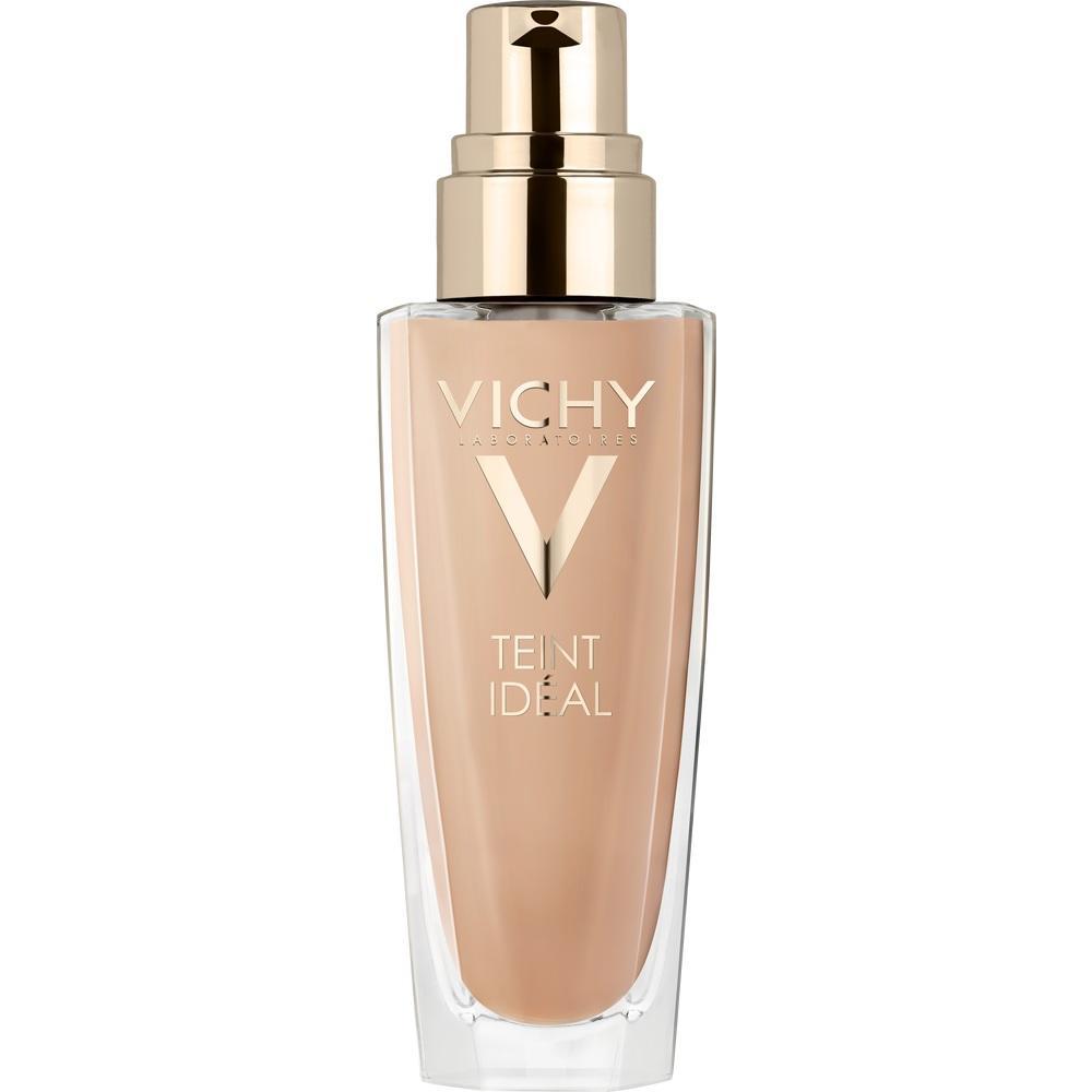 Beiges Flüssig-Makeup in einer Flasche mit goldenem Pumpspender.