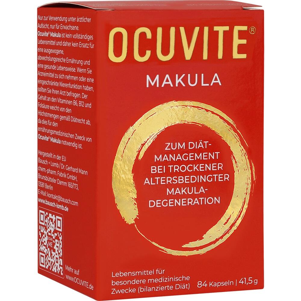 Rote Verpackung mit der Aufschrift "OCUVITE MAKULA" für Diätmanagement bei Augenerkrankung.