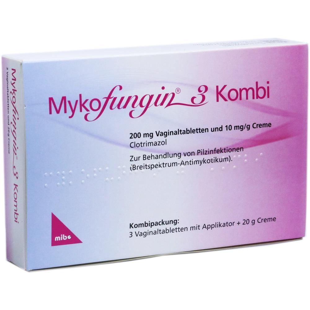 Eine rosa Packung mit Mykofungin 3 Kombi gegen Pilzinfektionen.