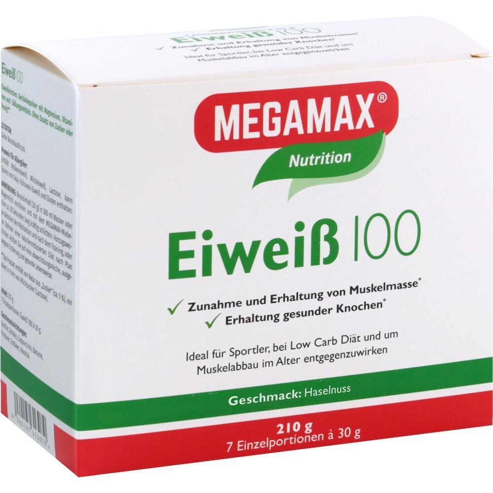Weiße Packung mit Aufschrift "MEGAMAX Eiweiß 100" und Haselnussgeschmack.